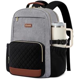LOVEVOOK Laptop Backpack for Women with Pouch Pocket for Large Capacity Cup,18 Inch Teacher Nurse College Work Travel Backpack Purse,Waterproof Laptop Computer Bags,Grey-Black-Brown+Diamond-shaped