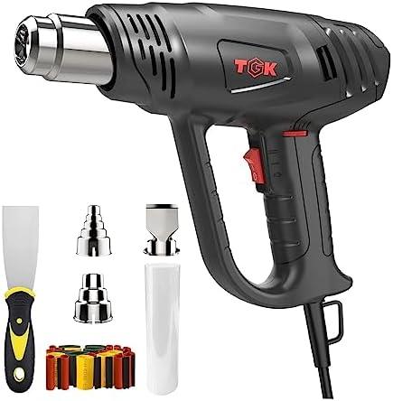 Heat Gun, TGK 1800W Heavy Duty Hot Air Gun Kit 122℉~1202℉ Dual Temperature Settings with 6 Nozzle Attachments Overload Protection for Crafts, Shrink Wrapping/Tubing, Paint Removing, Epoxy Resin