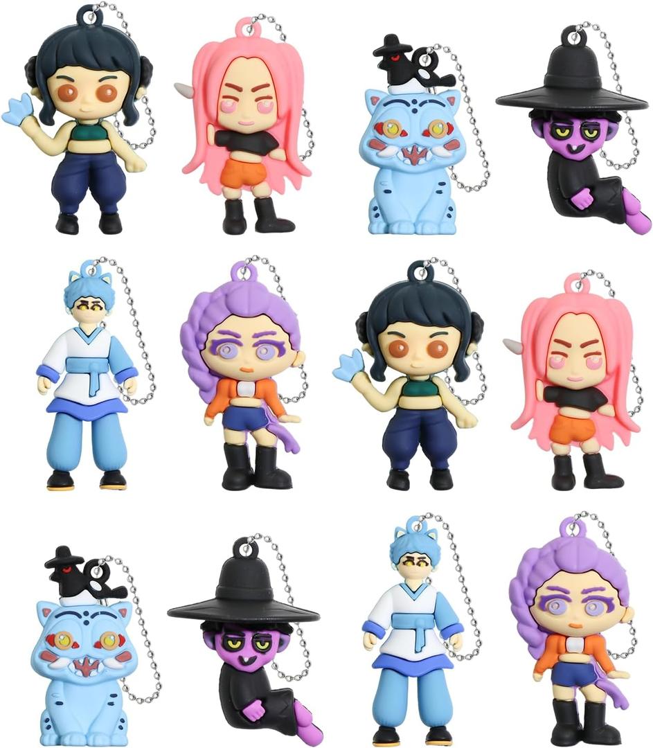 12Pcs K Pop Demon Hunters Action Figure,Demon Hunters Keychains Holder Car Key Ring Mobile Phone Bag Hanging,Unique Action Figures Decorations Gifts for Fans Office Room Figurine Decor