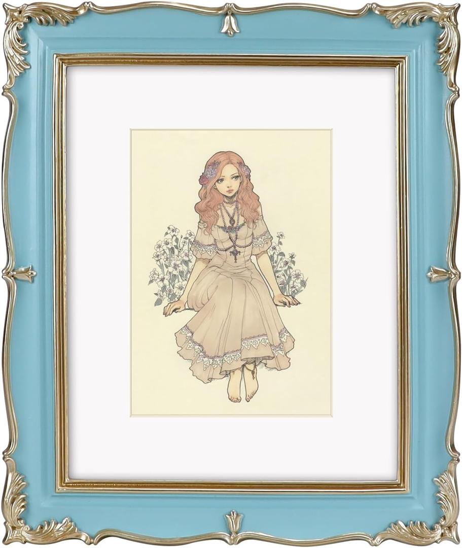 PHAREGE Vintage Picture Frame 8x10 Blue Gold, 8 by 10 Ornate Decorative Antique Frame with Mat for 5x7 Photo, Fancy Matted Frame for Desktop or Wall, Horizontal or Vertical