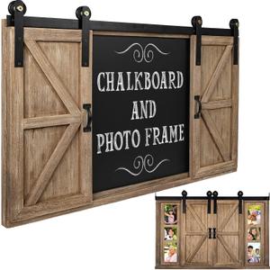 Excello Global Products Rustic Wood Chalkboard with Four 4x6 Hideaway Photos: Large Wall Mounted Magnetic Chalk Board, Perfect for Kitchen Dcor, Restaurant Menu, Bulletin Sign (Brown)