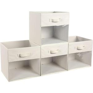 Cube Storage Bin 4 Pack with Clear Window Large Boxes Basket with Handles Fabric Closet Organizer 13" x 13" x 13" Beige