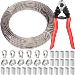 1/8 Inch Stainless Steel Cable 100FT - 7x7 Strand Aircraft Wire Rope with Loop Sleeve & Thimble - Heavy Duty for Deck Railing, String Light Hanging, Garden, Marine, DIY Projects