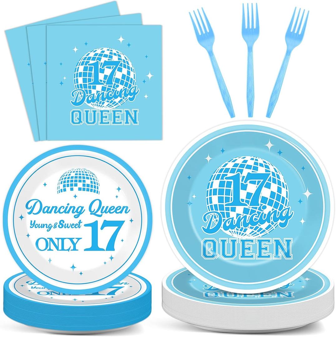 96Pcs Dancing Queen 17th Birthday Party Supplies Young and Sweet Only 17 Birthday Paper Plates Napkins Disposable Dancing Queen Disco Dinnerware for Party Bachelorette Decoration Serve 24