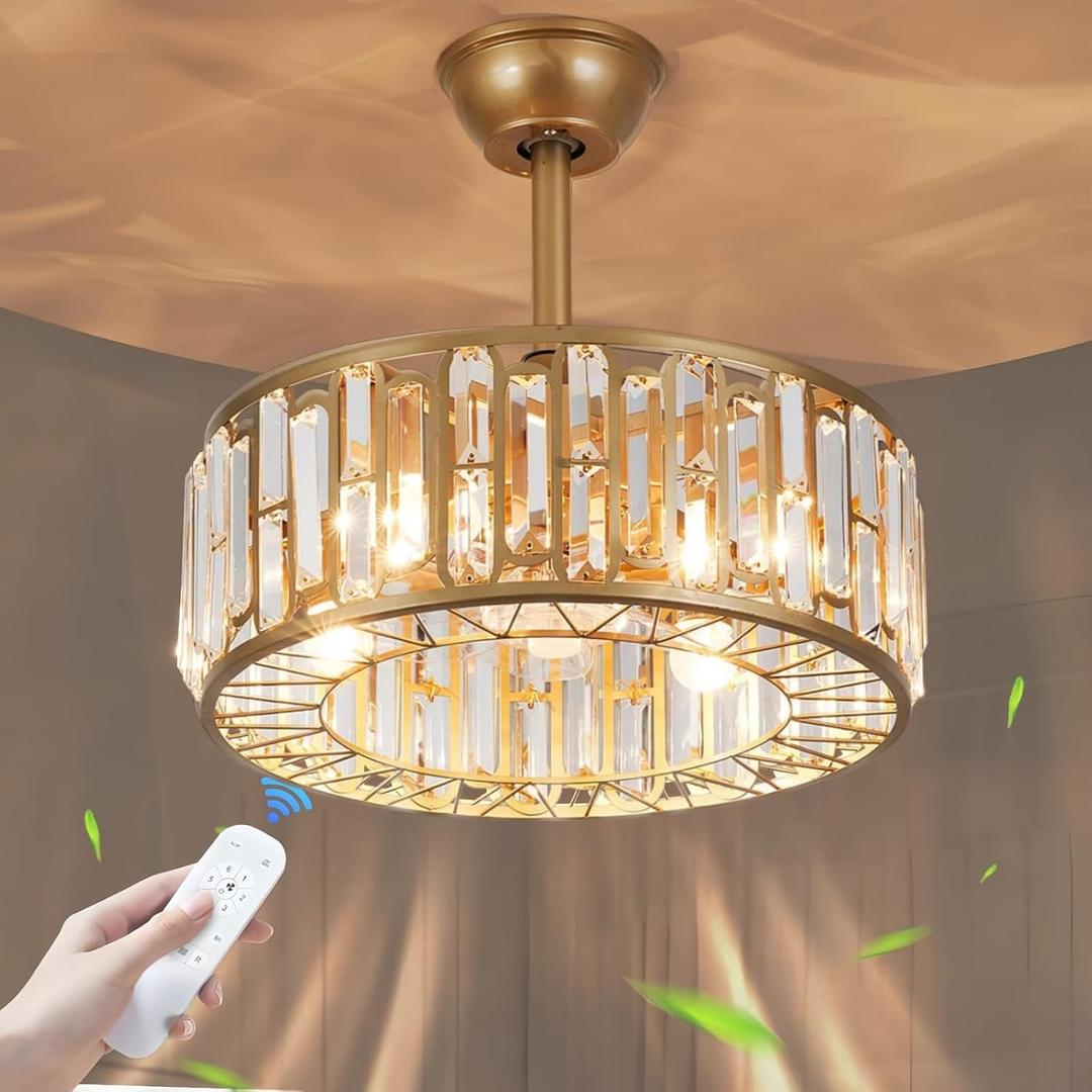 18.2" Gold Caged Ceiling Fans with Lights Remote Crystal Fandelier 4-Lights Flush Mount Fan Light Modern Enclosed Chandelier Fan with 6 Speeds for Bedroom Living Room Kitchen Dining Room Hallway