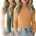 3 Pack Girls Long Sleeve Shirts Ribbed Knit Cotton Layering Tops Slim Fit Crewneck Casual Undershirts (11-12 Years, Cream, Dark Green, Orange Yellow) XL 