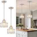 Dijiahua Brushed Nickel Pendant Lights Kitchen Island 2 Pack,Modern Crystal Pendant Light Fixtures Over Table, Mini Silver Dining Room 1-Light Chandelier,Adjustable Cord Hanging Lamp for Bedroom