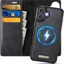 Wallet Case for iPhone 16 Plus Compatible with Magsafe, 2-in-1 PU Leather Flip RFID Blocking Card Holder Stand Shockproof Magnetic Detachable Cover for iPhone 16 Plus Case 6.7", Black