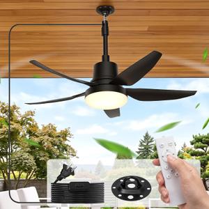 Plug in Ceiling Fan with Light,32" Portable Outdoor Ceiling Fans with Remote4 Speeds,3000K-6500K LED Hanging Fan Light with Hook for Gazebos,Patios,Garage,Camping,RV,Workshops (Black)