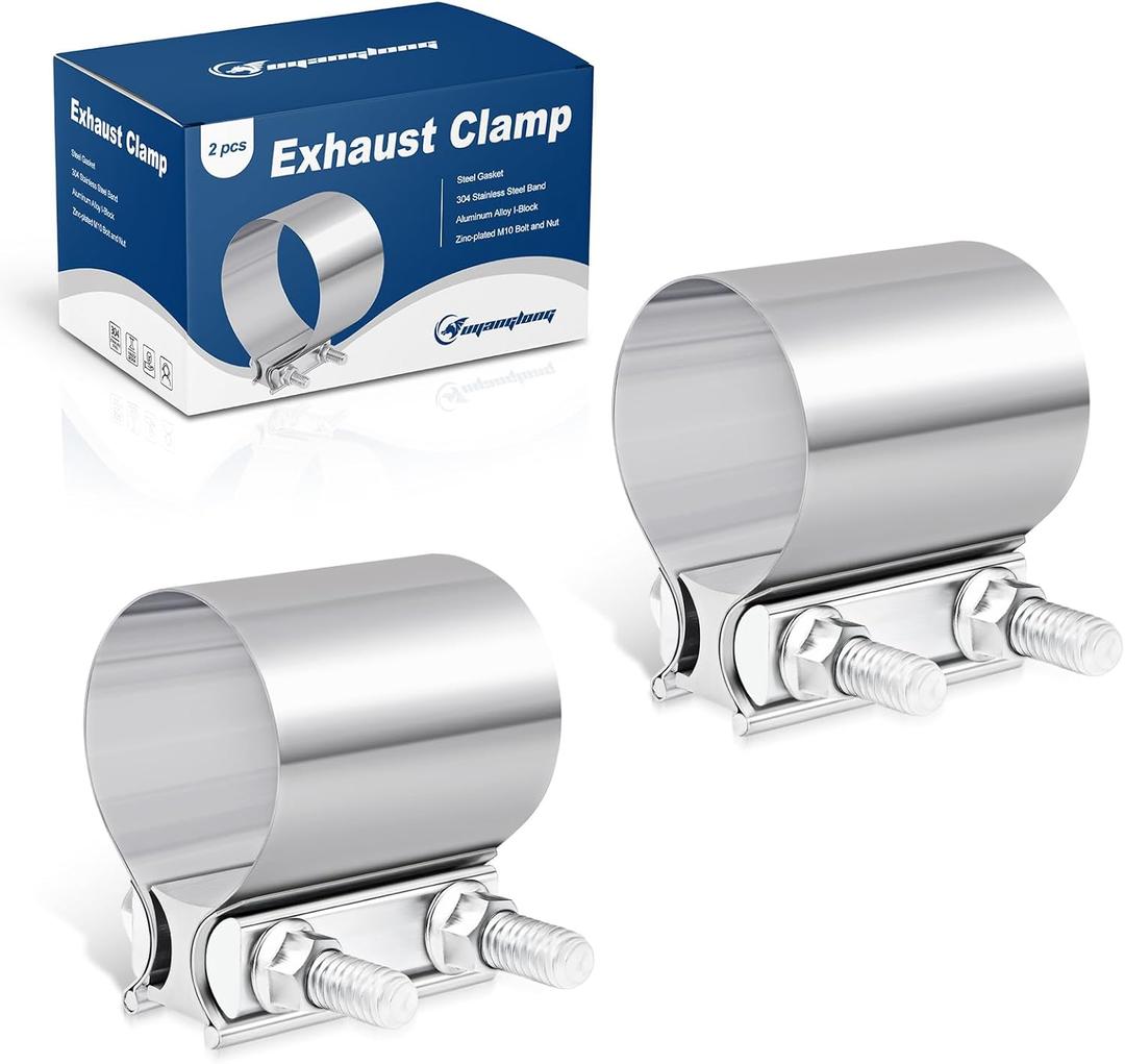 2.5 Inch Exhaust Clamp, 2 1/2" Butt Joint Band Clamp Stainless Steel Sleeve Coupler for Pipes,Mufflers,Catalytic Converters - 2 Pack