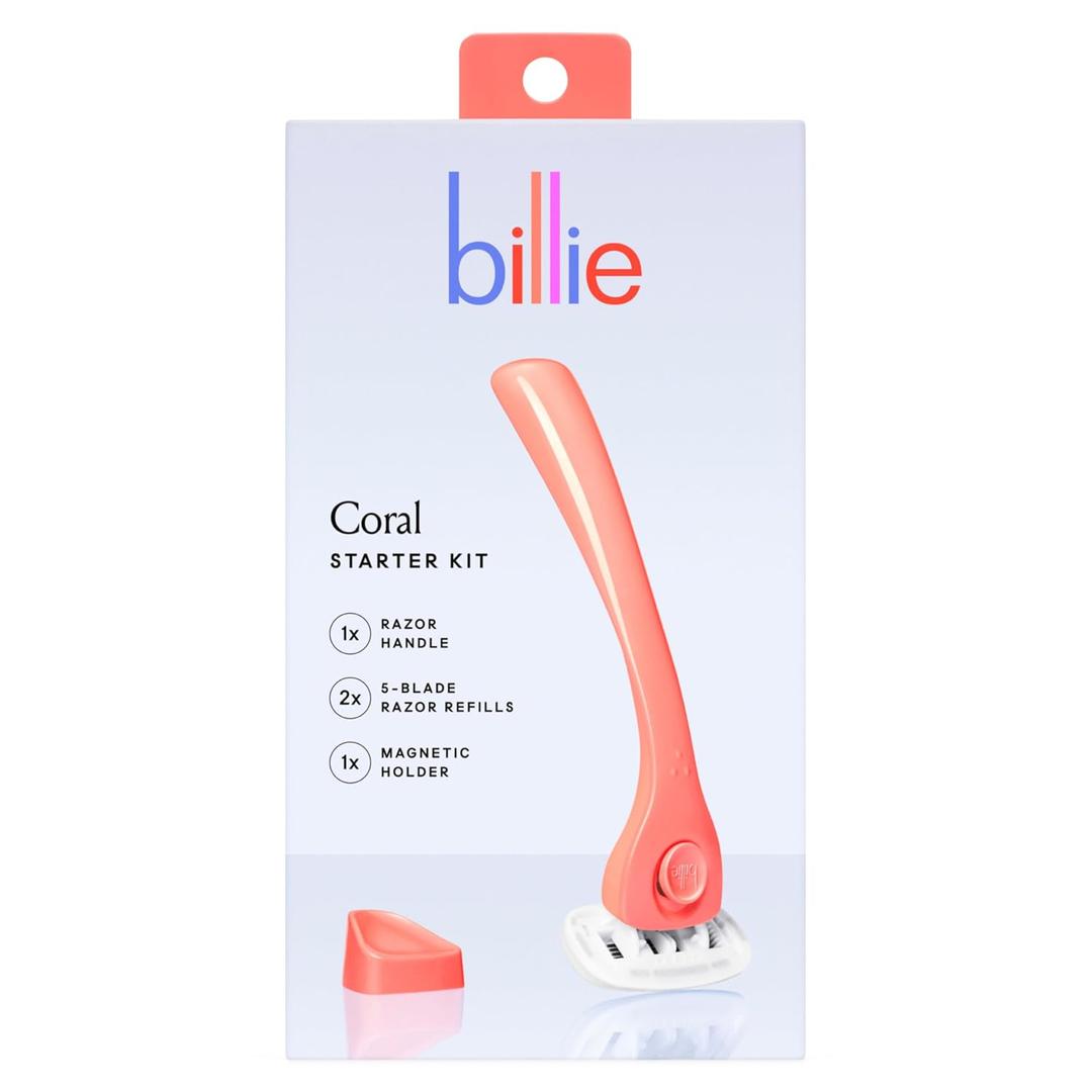 Billie Womens Razor Kit, 1 Handle + 2 Blade Refills + Magnetic Holder, Coral