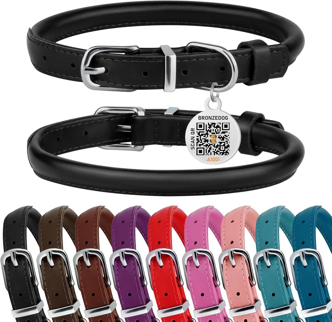 BRONZEDOG Rolled Leather Dog Collar for Small Medium Large Dogs with QR ID Tag (L: 16-18 Inch, Glossy Black)