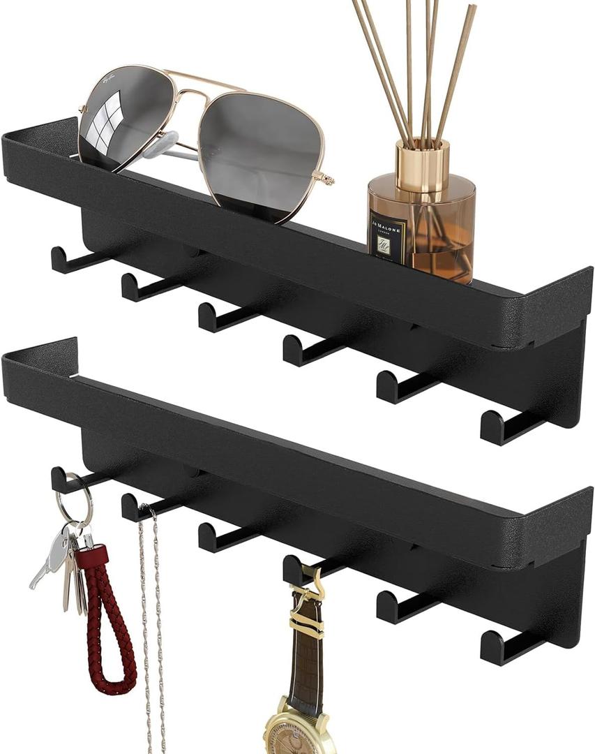 2 Pieces Key Holder for Wall Rustic Key and Mail Organizer 6 Key Hooks with Shelf Small Key Rack with Tray Adhesive Key Hanger Wall Mount for Entryway Hallway, Metal, Matte Black