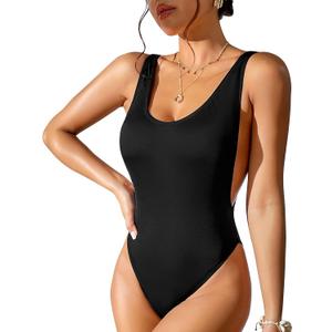 90s Trend One Piece Swimsuit Low Cut Sides Wide Straps High Legs for Women (Large, Black)