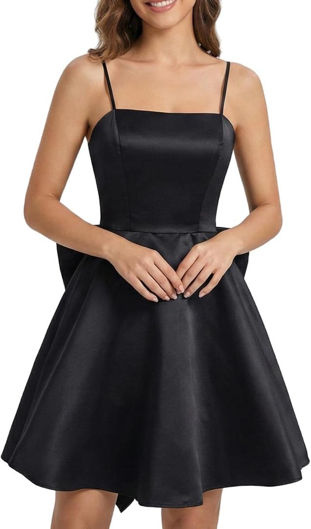 WDIRARA Women's Satin Bow Homecoming Dresses Spaghetti Strap Wedding Guest Gown Summer Mini Dress, XL