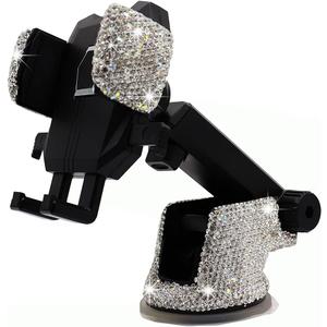 Bling Car Phone Mount Holder,Shiny Crystal Rhinestone Phone Stand for Women and Girls, Car Accessories for Windshield Dashboard,Compatible with Most Cellphones (White)