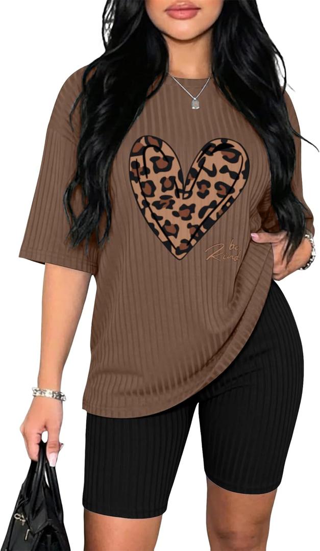 Ekouaer Pajamas 2 Piece Lounge Sets Ribbed Knit Matching Outfits T-shirt Biker Shorts Sleepwear Loungewear Sweatsuits, M
