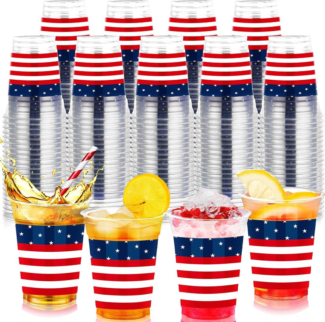 Pickmesh 100 Pcs 12oz 4th of July Cups Plastic Patriotic Cups Disposable Independence Day Decorations Red White Blue for July 4th Flag Day American USA Party Supplies Picnic(American Flag Pattern)