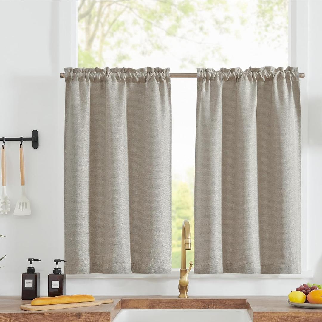 jinchan Linen Textured Kitchen Tier Curtains 45 Inch for Bathroom Living Room Farmhouse Cafe Rustic Window Treatments Room Darkening Rod Pocket 2 Panels Beige