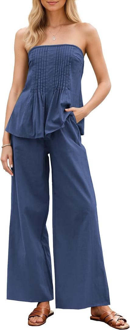 Kikibell Summer Sets Women 2 Piece Outfits Tube Top Wide Leg Pants Casual Beach Vacation Matching Lounge Set (Blue, M)