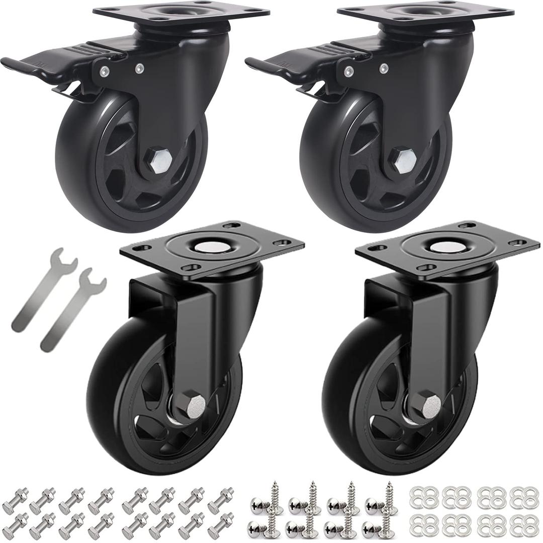 4 Inch Casters Set of 4 Heavy Duty,Heavy Duty Casters with Brake, Dual Locking Polyurethane Plate Caster Wheels for Cart, Load 2000lbs (2PCS Locking Swivel Casters+2PCS Swivel Casters Without Lock)