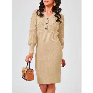 Women's V Neck Lantern Long Sleeve Sweater Dress Sexy Bodycon Cable Ribbed Knit Fall Pullover Midi Dresses Size M