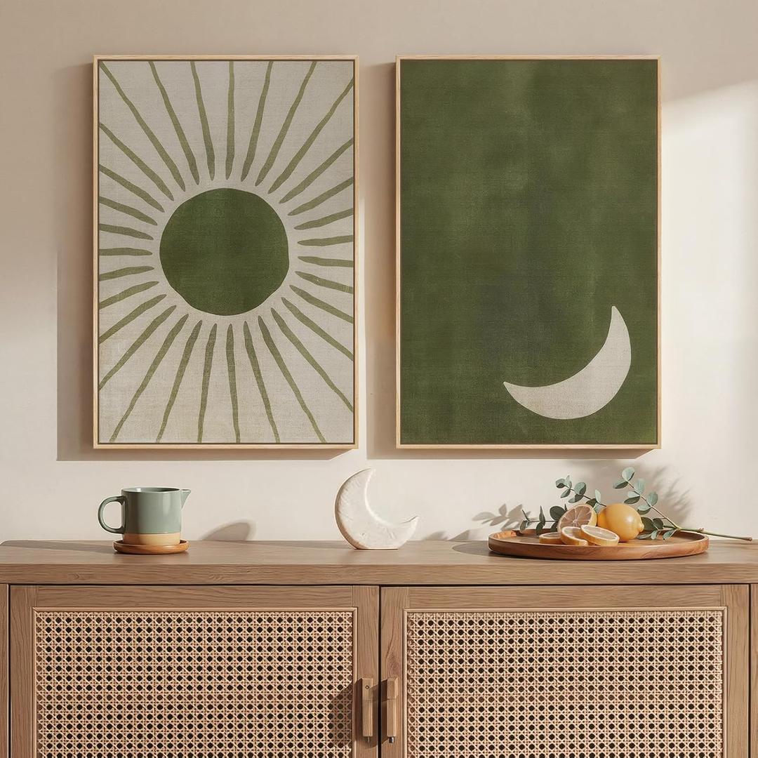 Framed Green Boho Wall Art Bedroom, Set of 2 Abstract Mid Century Modern Sun and Moon Canvas Artwork for Walls, Bohemian Paintings Prints Pictures Wall Decor Living Room Home Office, 16x24 Inch