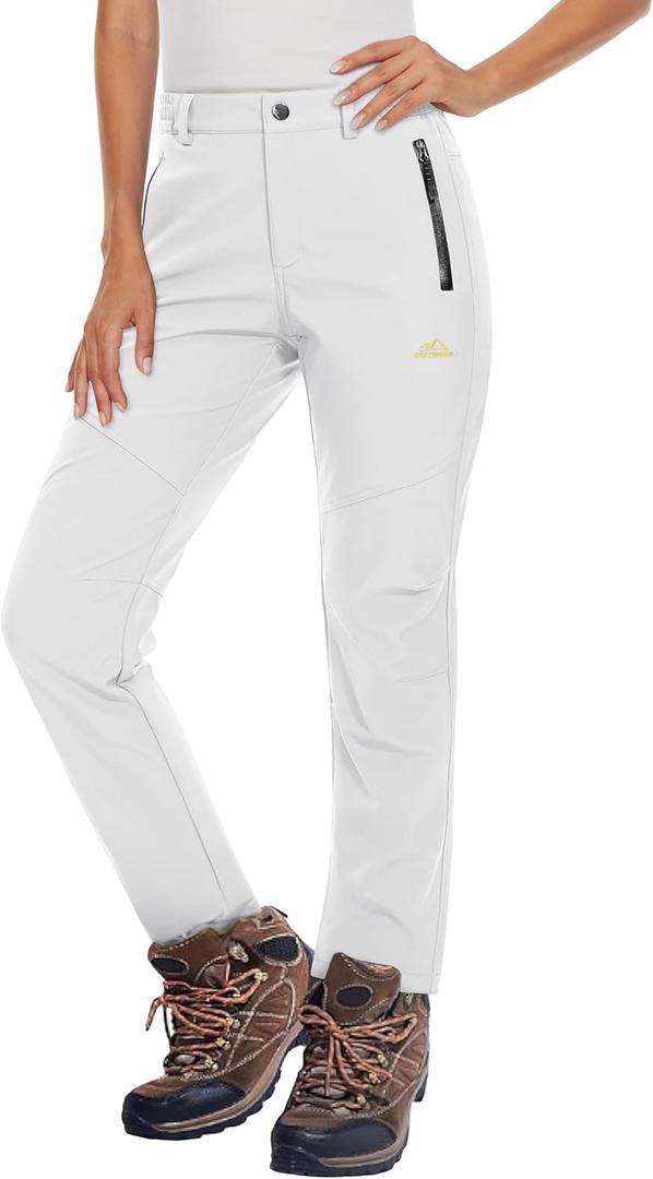 MAGCOMSEN Women's Fleece Lined Waterproof Insulated Snow Ski Pants Winter Warm Hiking Pants Outdoor Softshell (Large, White)