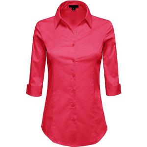 MAYSIX APPAREL Plus Size 3/ 4 Sleeve Stretchy Button Down Collar Office Formal Shirt Blouse for Women Dark Red, 1XL