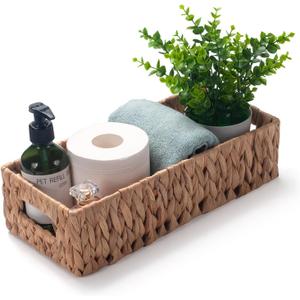 Toilet Paper Basket for Back of Toilet Water Hyacinth Long Narrow Wicker Bathroom Storage Basket with Built-in Handles 14.2 x 6.5 x 3.7 inch