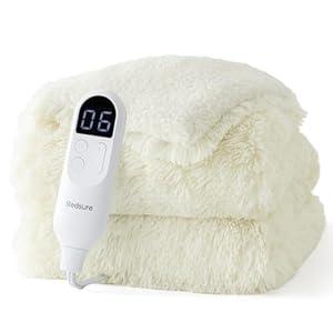 Bedsure Faux Fur Heated Blanket Throw Blanket, Fast Heating Fluffy Electric Blanket, Heated Throw with 4 Time Settings & 6 Heating Settings, Cozy Gifts for Women Men, 50x60 Inches, Cream