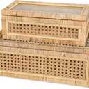 Handwoven Boho Rattan Display Boxes with Glass Lids - Set of 2 Rectangular Decorative Storage Bins - Natural Woven Cane Home Decor Organizers