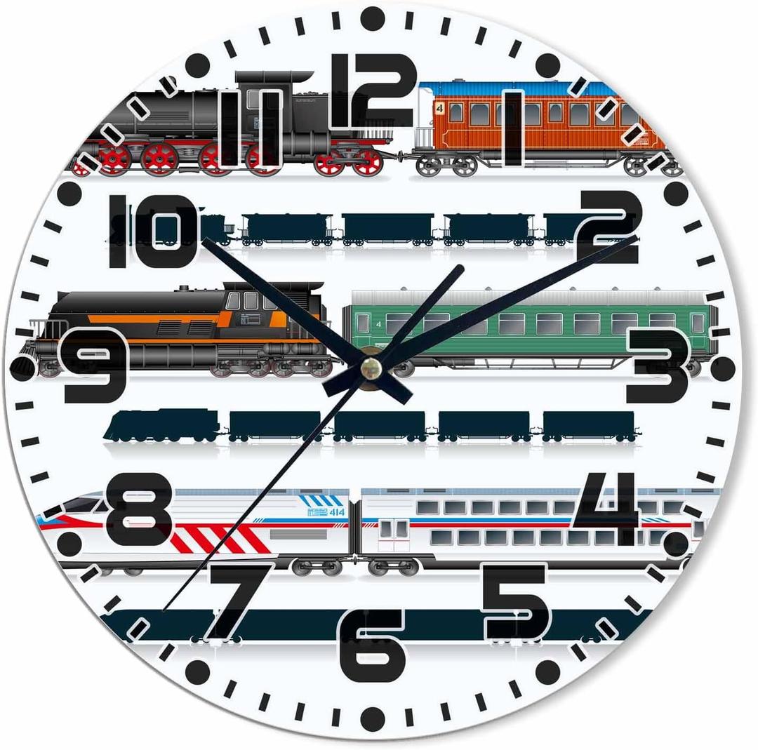 Train Wall Clock 10 inch Round Running on The Track Silent Non Ticking Wood Wall Clocks Battery Operated Easy to Read Decorative Wall Clock for Bedroom Kitchen Living Room Bathroom