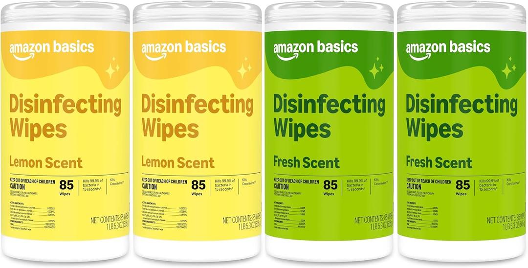 Amazon Basics Disinfecting Wipes, Lemon & Fresh Scent, Thick, Sanitizes/Cleans/Disinfects/Deodorizes, 340 Count (4 Packs of 85)