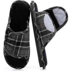 Adjustable Open-Toe Mens Slippers Memory Foam House Slippers with Non-Slip Soles Indoor and Outdoor Shoes Gifts for Men Him Dad (13-14, Black Grey)