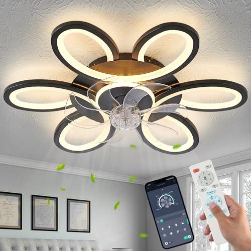 Black-Star Ring Ceiling Fans with Lights and Remote, 27 Inch Modern Low Profile Flush Mount Ceiling Fan, Dimmable LED Ceiling Light Fixture, Small Ceiling Fans for Bedroom, Kitchen, Indoor-Black