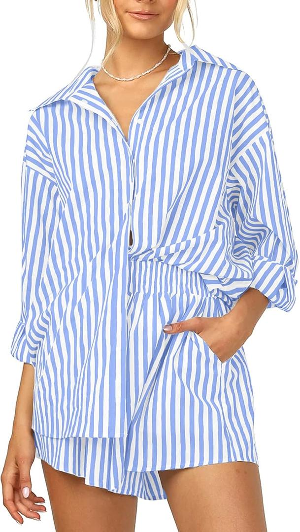 ISZPLUSH Womens 2 Piece Casual Sets Outfits Sets Relaxed Long Sleeve Shirt Loose High Waisted Side Pocket Shorts Set (Blue) Xl