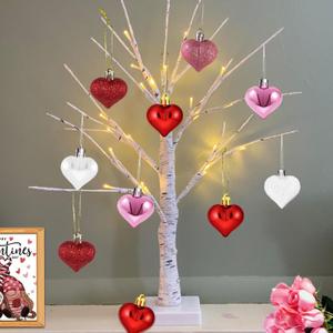 Valentine Tree, Valentines Day Centerpiece for Table, Lighted Valentine Decorations for Office Home, Valentine's Mantel Desk Fireplace Decor, 24 Inch Light Up Birch Tree with 12 Pcs Heart Ornaments