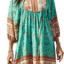 Qearal Womens Casual V Neck 3/4 Sleeve Boho Floral Printed Loose Short Mini Summer Beach Dress (Small, Light Green)