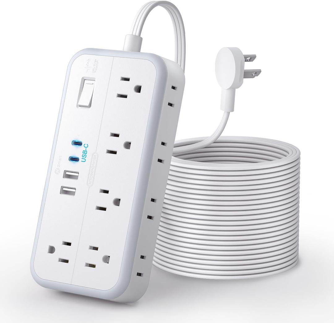 Flat Extension Cord 25 FT, NTONPOWER Long Surge Protector Power Strip, 10 Outlets 4 USB Ports (2 USB C), 3 Side 3 Prong & 2 Prong, 2700J, Overload Protection, Flat Plug Wall Mount, White, SurgePro