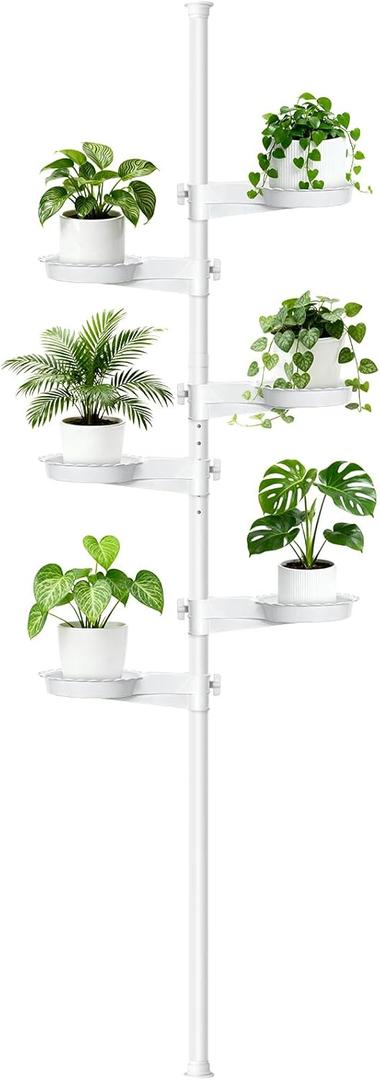 Tension Rod Plant Stand, Plant Poles for Hanging Plants Indoor, 6 Tier Tension Pole Plant Hanger, Floor to Ceiling Plant Pole with 6 Trays Hanging Plant Stand (White)