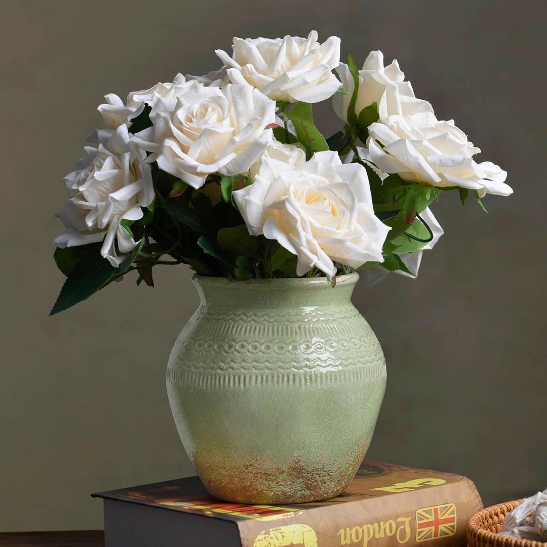 Quoowiit Ceramic Rustic Farmhouse Vase, Green Distressed Flower Vase for Home Decor, Boho Decorative Vases for Centerpiece Table Decorations, Vases for Living Room Kitchen Entryway Mantle Shelf Decor, 5.71"L x 5.71"W x 5.9"H