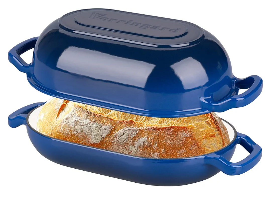 Enameled Cast Iron Sourdough Bread Oven, Dutch Oven, Loaf Cast Iron Bread Pan for Homemade Bread Baking, Meatloaf Pan with Lid, 5QT, Blue