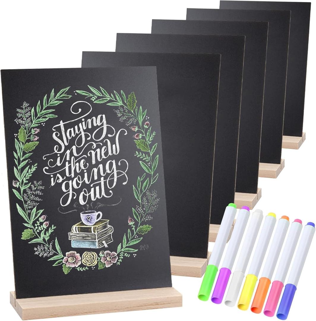 Vintage Wooden Mini Chalkboard Signs - Set of 6 | 6 x 9 Inch Tabletop Chalkboard Sign with Base Stands | Decorative Small Message Chalk Board Sign with 7 Watercolor Pens