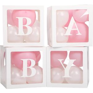 Baby Boxes with Letters for Baby Shower, 4 Transparent Balloon Boxes with Letters for Gender Reveal Birthday Wedding Baby Shower Decorations( Pink and White Balloons)