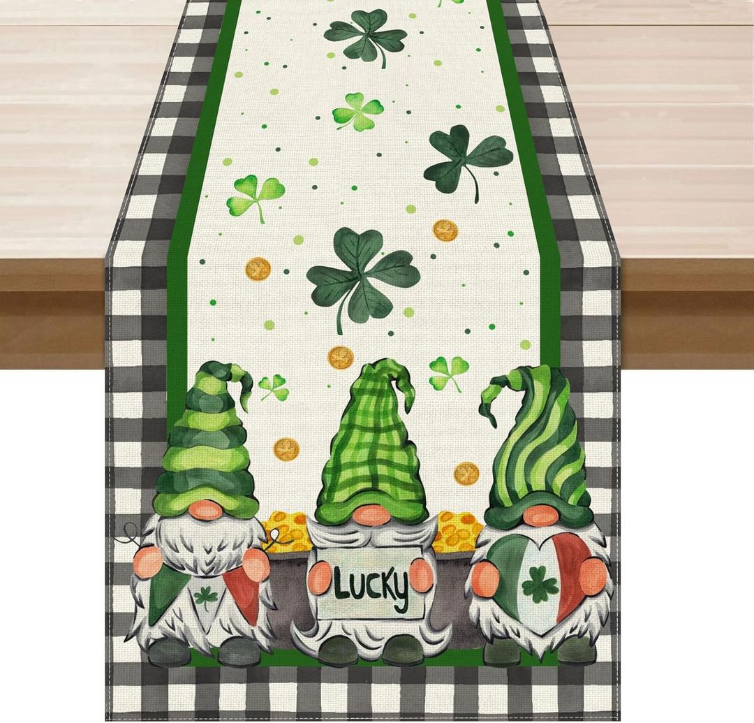 2 x XCHI Plaid Gnomes Shamrocks Clovers Golds St. Patrick's Day Table Runner Table Decoration for Party Home Kitchen Dining Holiday Decor 13x90 Inch