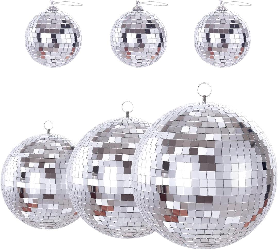 Silver Disco Ball 6 Pack Big Mirror Balls Decor Christmas Silver Hanging Party Disco Ornament for DJ Light Effect Stage Prop Xmas Party Home Decorations(3.2'', 6'', 8'',10'')