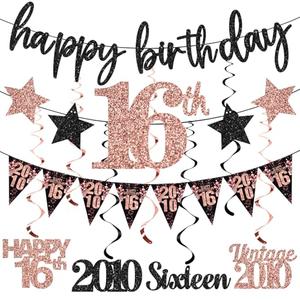 12PCS Sweet 16 Party Decorations for Girls Women, Rose Gold Vintage 2010 Happy 16th Birthday Banner Triangle Flag Banner Glitter Hanging Swirls Party Supplies, Sweet Sixteen Years Old Bday Decor