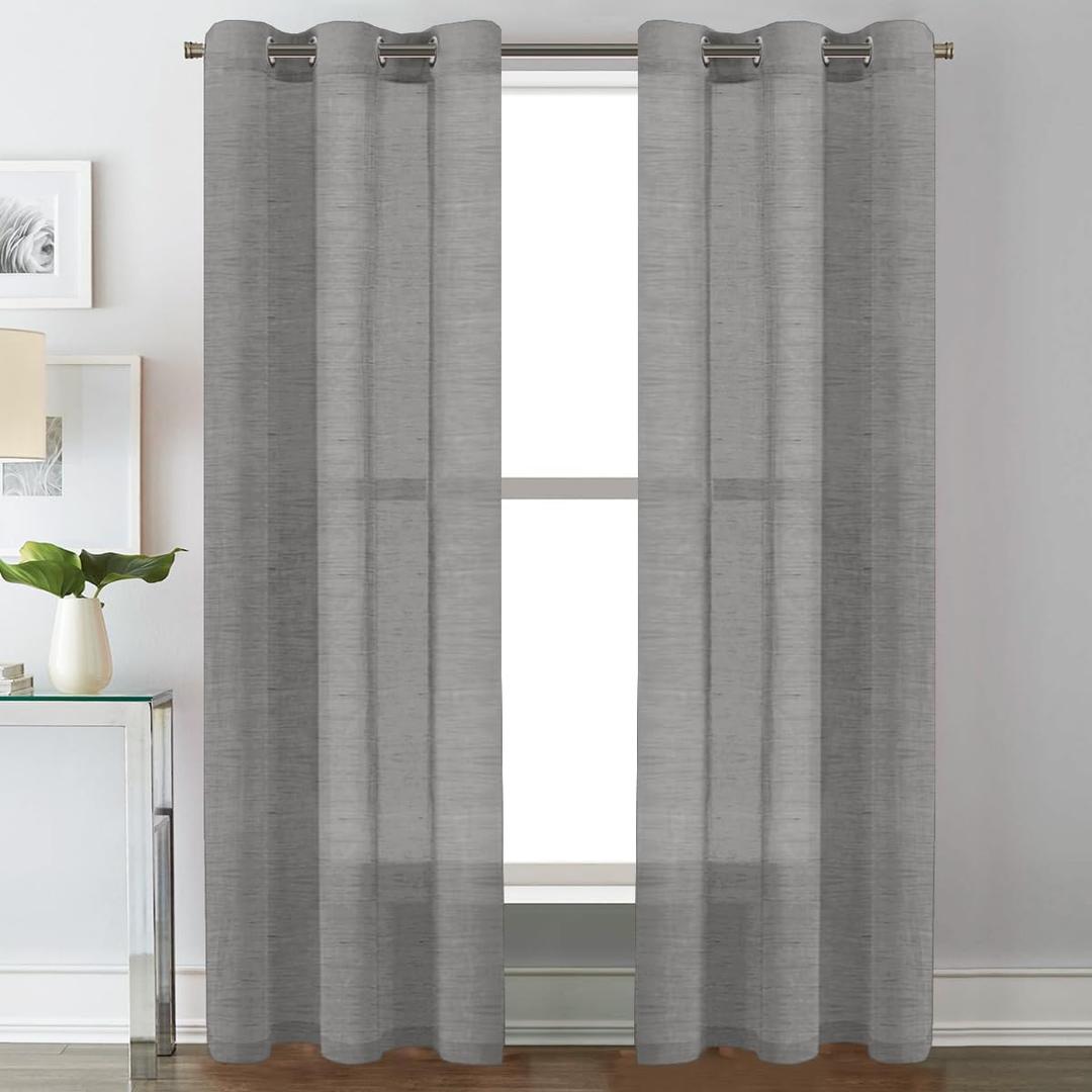 H.VERSAILTEX Linen Curtains Nickel Grommet Natural Linen Semi-Sheer Curtains 2 Panels Privacy Added Premium Soft Rich Material Drapes for Bedroom/Living Room - 37x84 Inch- Charcoal Grey