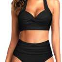 Tempt Me Women Two Piece Vintage Swimsuit Retro Halter Ruched High Waist Bikini with Bottom, L, Black